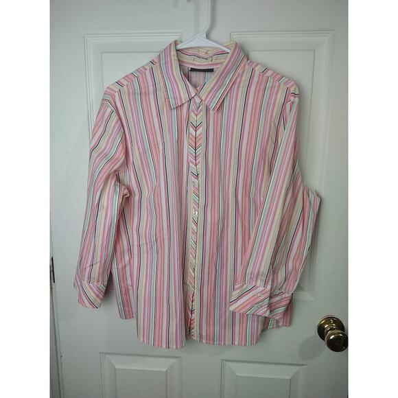 New York & Co Pink Stripes Collared Keyhole Button 3/4 Button Sleeve Blouse L* - Picture 1 of 9
